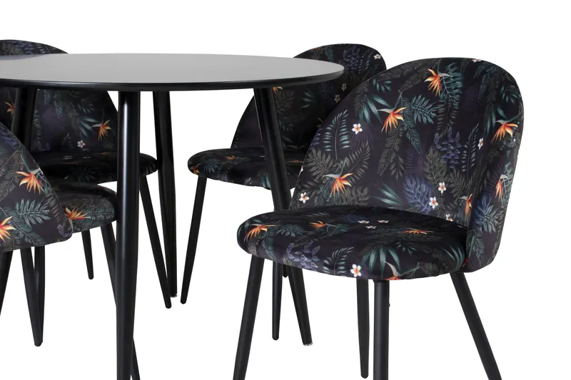 Plaza & Velvet runder Esstisch mit 4 gepolsterten Stühlen in Schwarz, Schwarz mit Blumenmuster, Gestell Schwarz, Ansicht 2