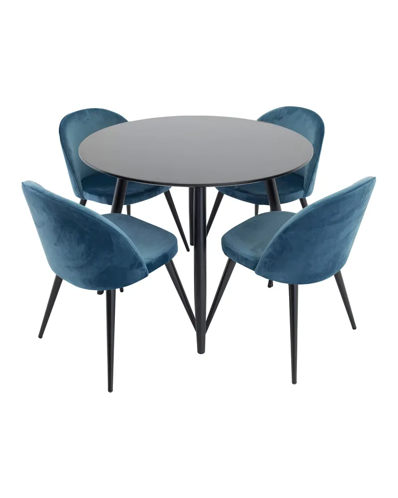 Plaza & Velvet runder Esstisch mit 4 gepolsterten Stühlen in Schwarz, Blau, Gestell Schwarz, Ansicht 1