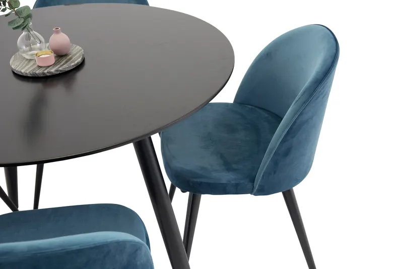 Plaza & Velvet runder Esstisch mit 4 gepolsterten Stühlen in Schwarz, Blau, Gestell Schwarz, Ansicht 2