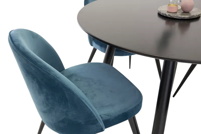 Plaza & Velvet runder Esstisch mit 4 gepolsterten Stühlen in Schwarz, Blau, Gestell Schwarz, Ansicht 3