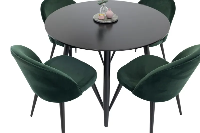 Plaza & Velvet runder Esstisch mit 4 gepolsterten Stühlen in Schwarz, Grün, Gestell Schwarz, Ansicht 2