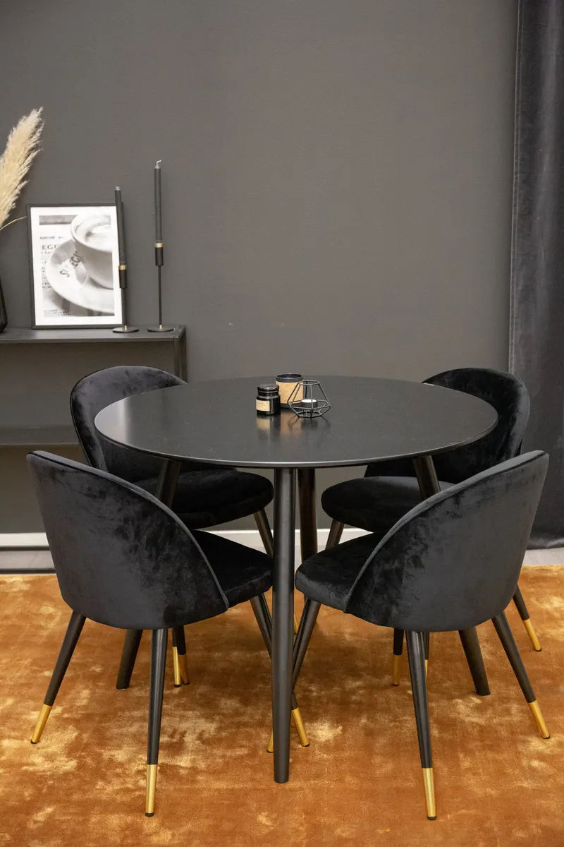 Plaza & Velvet runder Esstisch mit 4 gepolsterten Stühlen in Schwarz, im Wohnraum, Ansicht 1