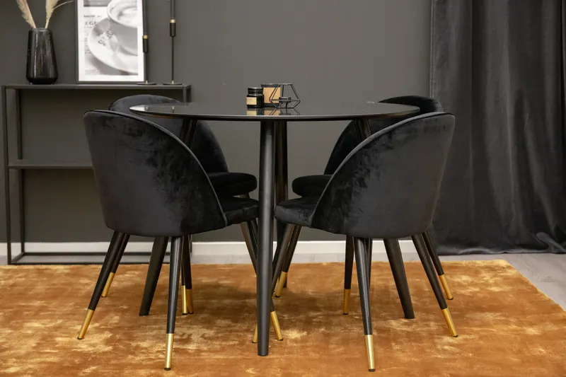 Plaza & Velvet runder Esstisch mit 4 gepolsterten Stühlen in Schwarz, im Wohnraum, Ansicht 2