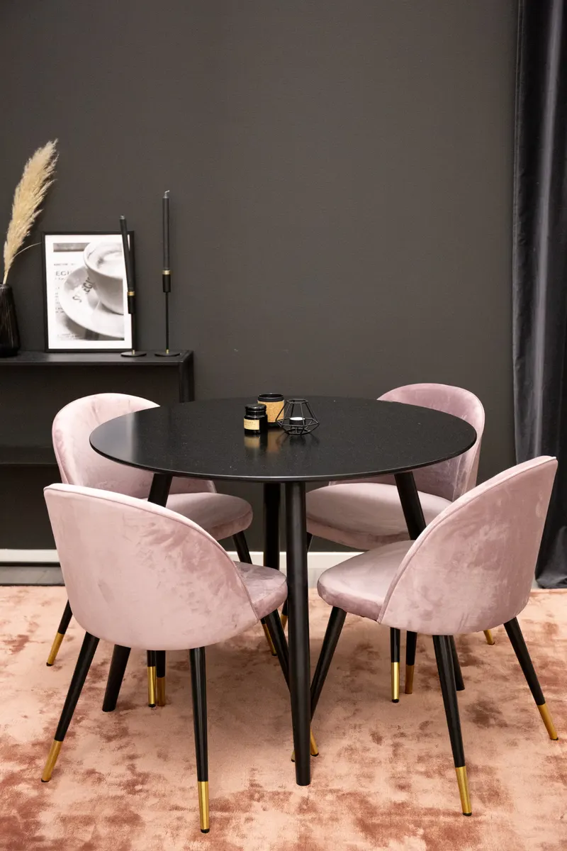 Plaza & Velvet runder Esstisch mit 4 gepolsterten Stühlen in Schwarz, Altrosa, Gestell Schwarz, im Wohnraum, Ansicht 1