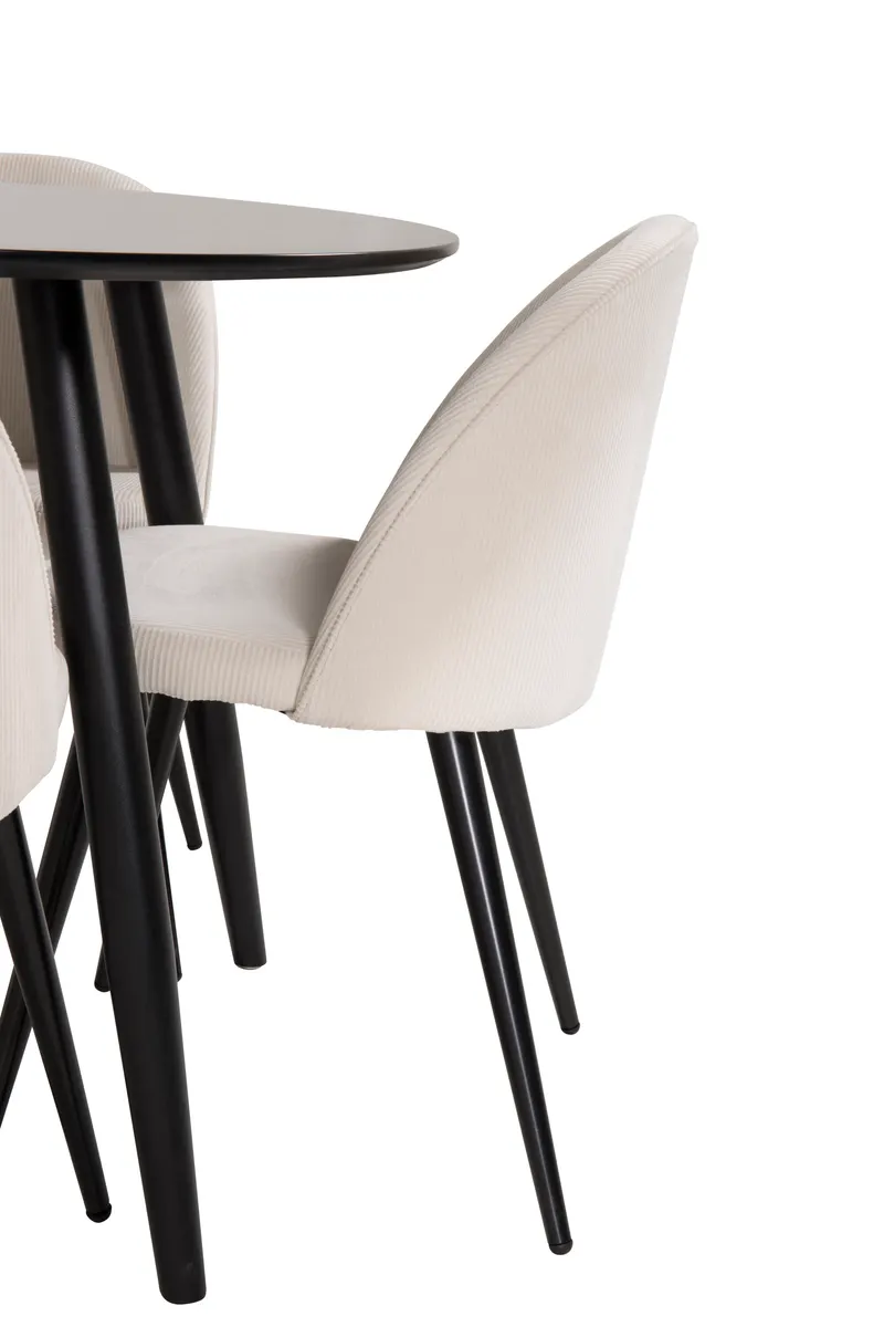 Plaza & Velvet runder Esstisch mit 4 gepolsterten Stühlen in Schwarz, Beige, Gestell Schwarz