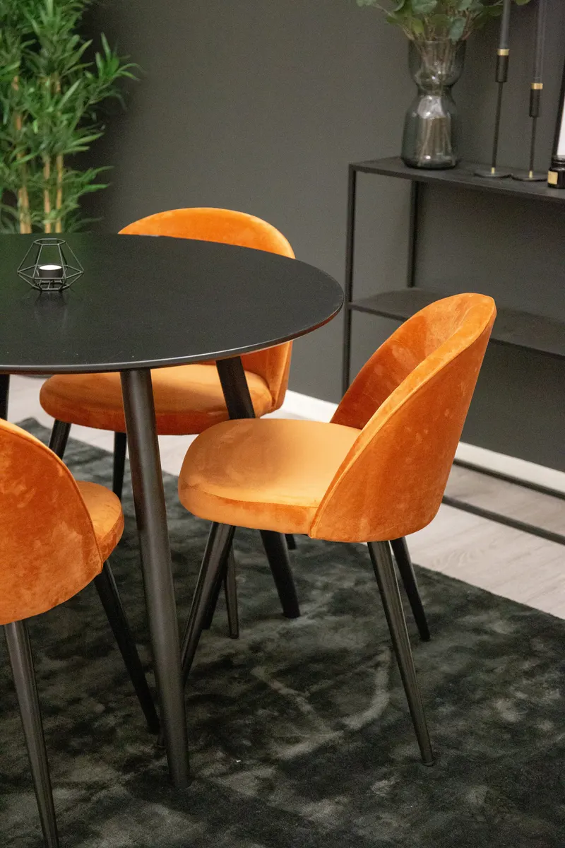 Plaza & Velvet runder Esstisch mit 4 gepolsterten Stühlen in Schwarz, Rostorange, Gestell Schwarz, im Wohnraum, Ansicht 2