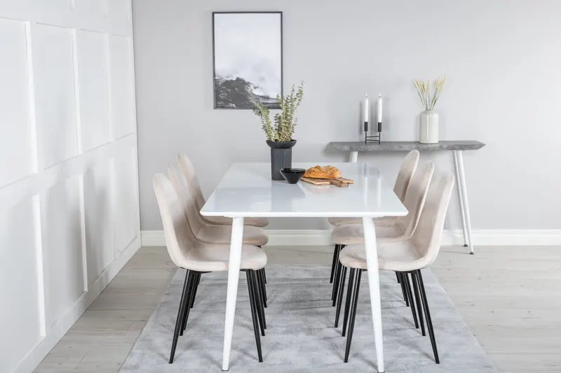 Polar & Polar Esstisch mit 6 gepolsterten Stühlen in Weiß, Beige, Gestell Schwarz, im Wohnraum, Ansicht 1