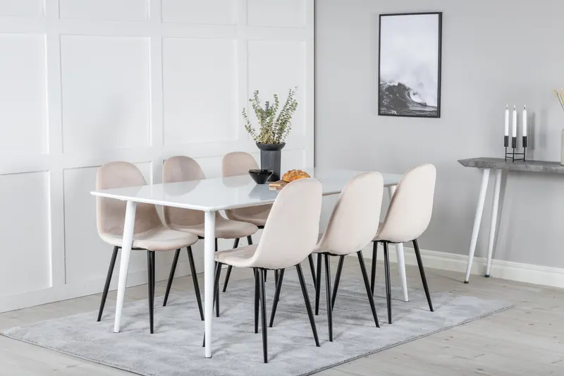 Polar & Polar Esstisch mit 6 gepolsterten Stühlen in Weiß, Beige, Gestell Schwarz, im Wohnraum, Ansicht 2