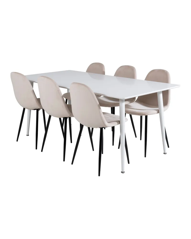 Polar & Polar Esstisch mit 6 gepolsterten Stühlen in Weiß, Beige, Gestell Schwarz, Ansicht 2