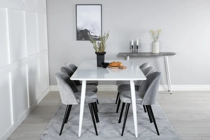 Polar & Velvet Essgruppe mit rechteckigem Esstisch und 6 Polsterstühlen in Grau, Gestell Schwarz, im Wohnraum, Ansicht 1