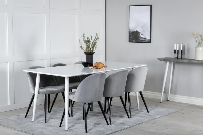 Polar & Velvet Essgruppe mit rechteckigem Esstisch und 6 Polsterstühlen in Grau, Gestell Schwarz, im Wohnraum, Ansicht 2