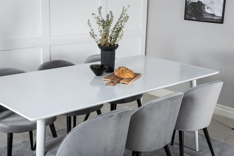 Polar & Velvet Essgruppe mit rechteckigem Esstisch und 6 Polsterstühlen in Grau, Gestell Schwarz, im Wohnraum, Ansicht 4