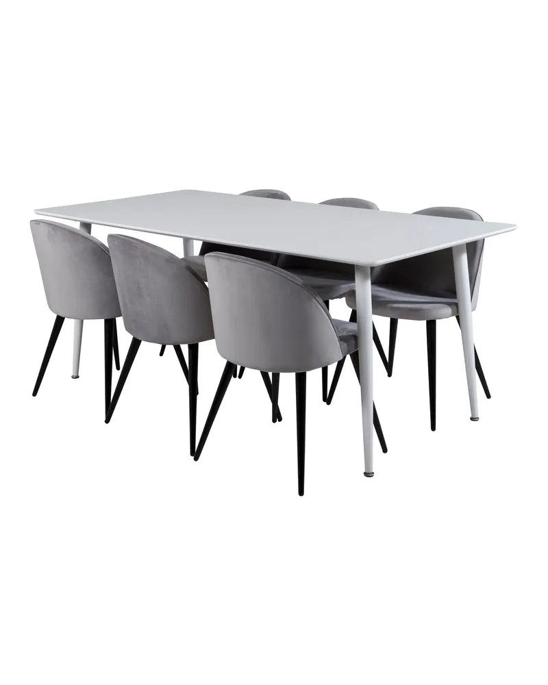 Polar & Velvet Essgruppe mit rechteckigem Esstisch und 6 Polsterstühlen in Grau, Gestell Schwarz, Ansicht 2