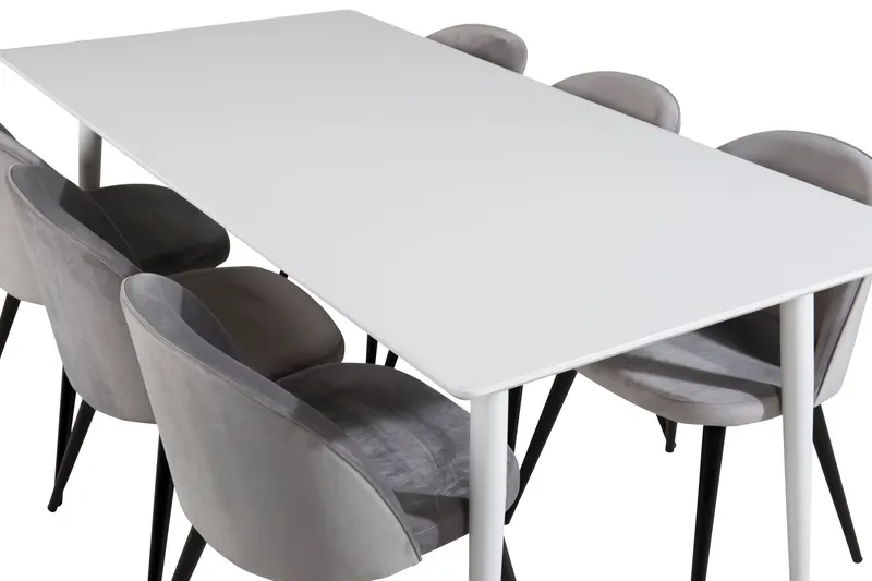 Polar & Velvet Essgruppe mit rechteckigem Esstisch und 6 Polsterstühlen in Grau, Gestell Schwarz, Ansicht 4