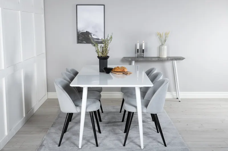 Polar & Velvet Essgruppe mit rechteckigem Esstisch und 6 Polsterstühlen in Hellgrau, Gestell Schwarz, im Wohnraum, Ansicht 1