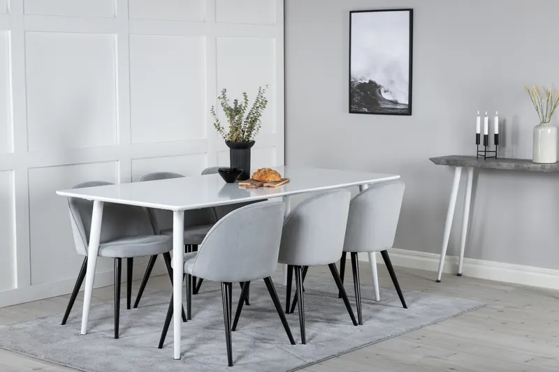 Polar & Velvet Essgruppe mit rechteckigem Esstisch und 6 Polsterstühlen in Hellgrau, Gestell Schwarz, im Wohnraum, Ansicht 2