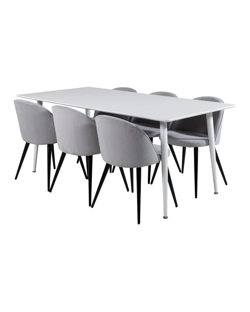 Polar & Velvet Essgruppe mit rechteckigem Esstisch und 6 Polsterstühlen in Hellgrau, Gestell Schwarz, Ansicht 2