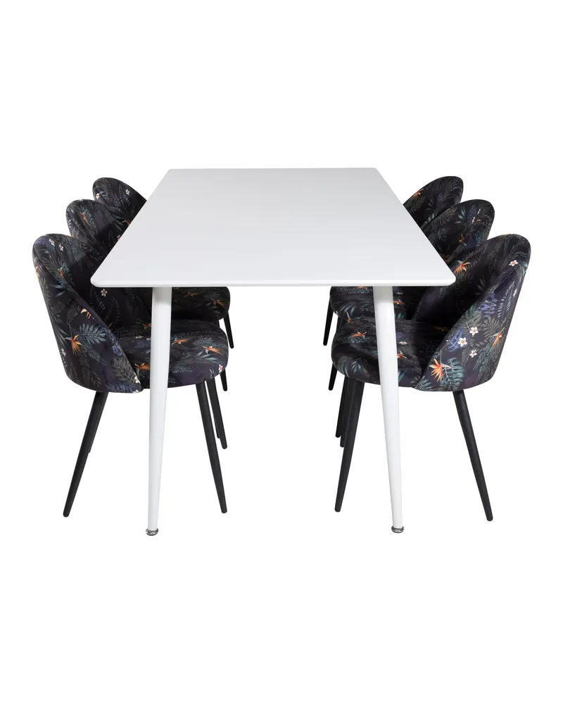 Polar & Velvet Essgruppe mit rechteckigem Esstisch und 6 Polsterstühlen in Schwarz mit Blumenmuster, Gestell Schwarz, Ansicht 1