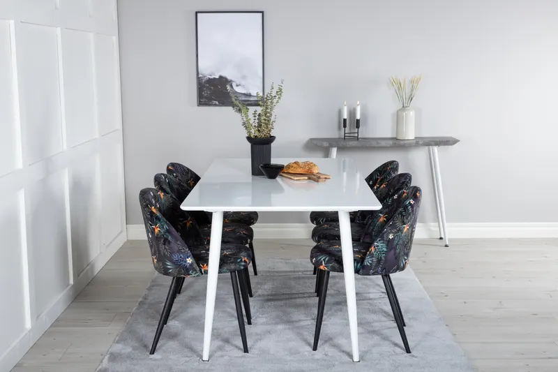 Polar & Velvet Essgruppe mit rechteckigem Esstisch und 6 Polsterstühlen in Schwarz mit Blumenmuster, Gestell Schwarz, im Wohnraum, Ansicht 1