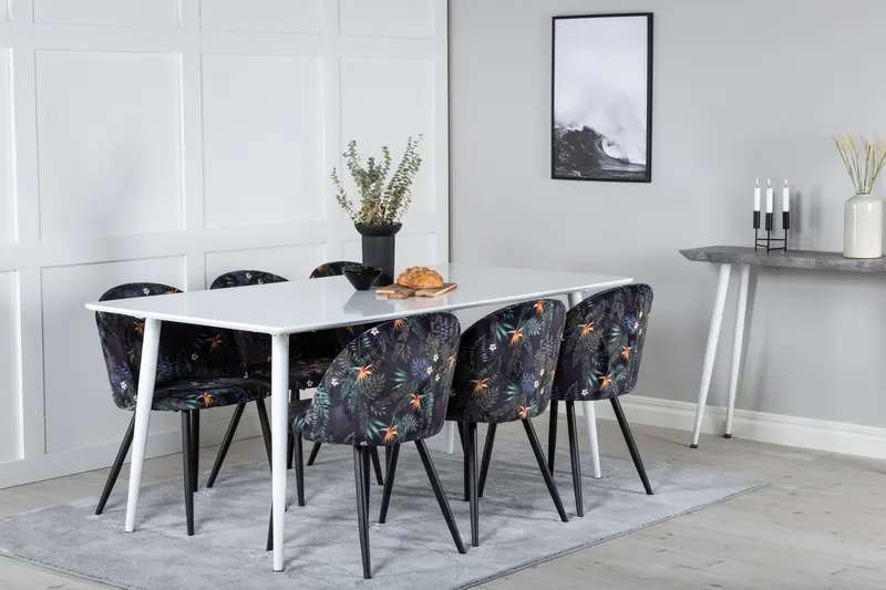 Polar & Velvet Essgruppe mit rechteckigem Esstisch und 6 Polsterstühlen in Schwarz mit Blumenmuster, Gestell Schwarz, im Wohnraum, Ansicht 2