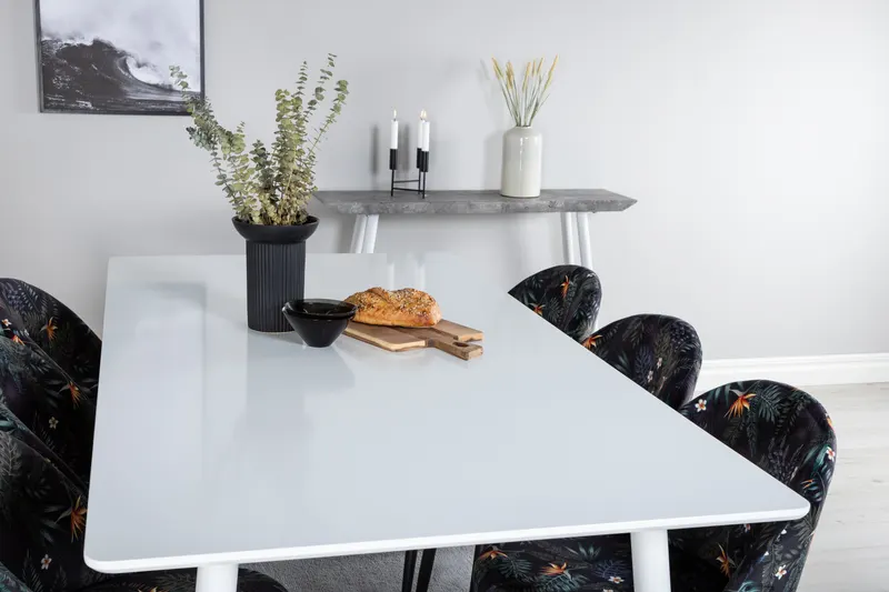 Polar & Velvet Essgruppe mit rechteckigem Esstisch und 6 Polsterstühlen in Schwarz mit Blumenmuster, Gestell Schwarz, im Wohnraum, Ansicht 4