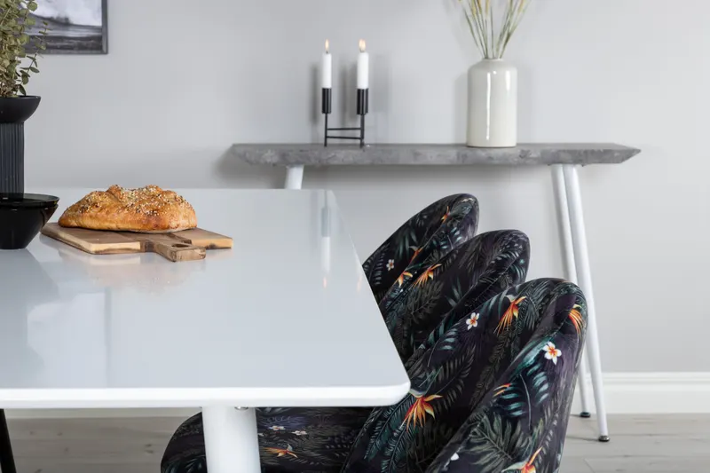 Polar & Velvet Essgruppe mit rechteckigem Esstisch und 6 Polsterstühlen in Schwarz mit Blumenmuster, Gestell Schwarz, im Wohnraum, Ansicht 5