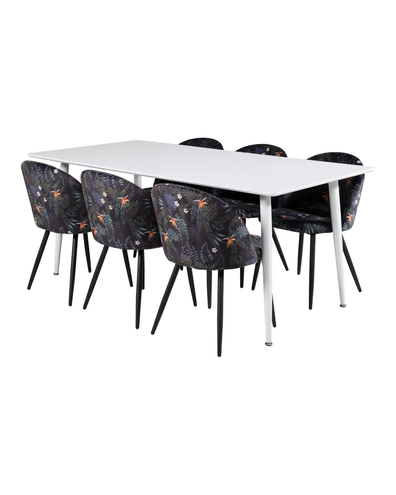 Polar & Velvet Essgruppe mit rechteckigem Esstisch und 6 Polsterstühlen in Schwarz mit Blumenmuster, Gestell Schwarz, Ansicht 2