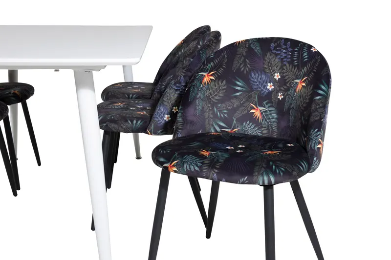 Polar & Velvet Essgruppe mit rechteckigem Esstisch und 6 Polsterstühlen in Schwarz mit Blumenmuster, Gestell Schwarz, Ansicht 3