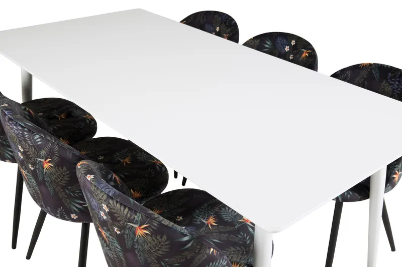 Polar & Velvet Essgruppe mit rechteckigem Esstisch und 6 Polsterstühlen in Schwarz mit Blumenmuster, Gestell Schwarz, Ansicht 4