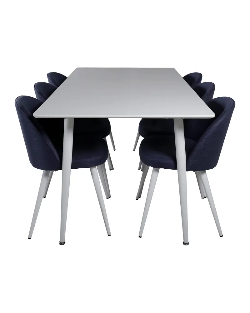 Polar & Velvet Essgruppe mit rechteckigem Esstisch und 6 Polsterstühlen in Blau, Gestell Weiß, Ansicht 1
