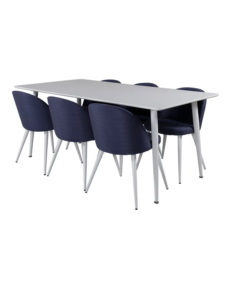 Polar & Velvet Essgruppe mit rechteckigem Esstisch und 6 Polsterstühlen in Blau, Gestell Weiß, Ansicht 6