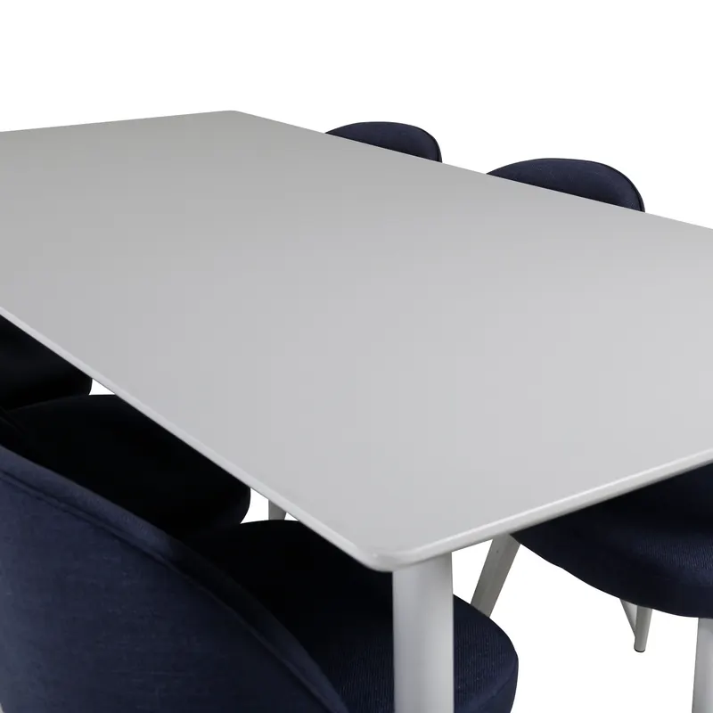 Polar & Velvet Essgruppe mit rechteckigem Esstisch und 6 Polsterstühlen in Blau, Gestell Weiß, Ansicht 7