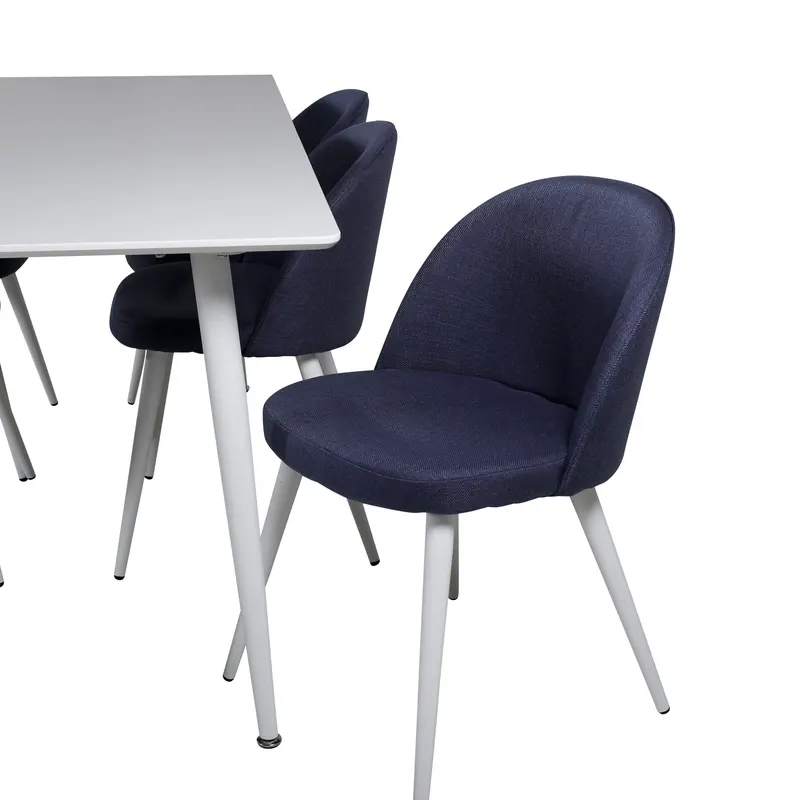 Polar & Velvet Essgruppe mit rechteckigem Esstisch und 6 Polsterstühlen in Blau, Gestell Weiß, Ansicht 8