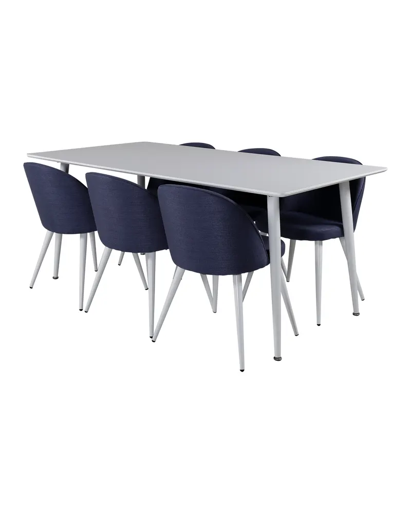 Polar & Velvet Essgruppe mit rechteckigem Esstisch und 6 Polsterstühlen in Blau, Gestell Weiß, Ansicht 2