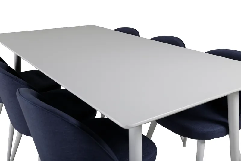Polar & Velvet Essgruppe mit rechteckigem Esstisch und 6 Polsterstühlen in Blau, Gestell Weiß, Ansicht 3