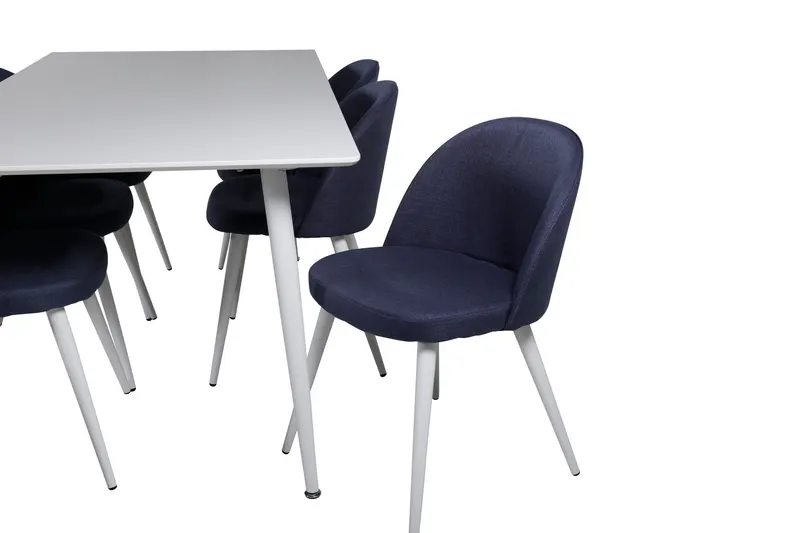 Polar & Velvet Essgruppe mit rechteckigem Esstisch und 6 Polsterstühlen in Blau, Gestell Weiß, Ansicht 4