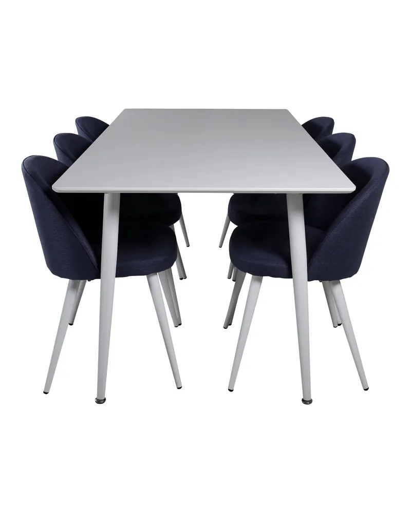 Polar & Velvet Essgruppe mit rechteckigem Esstisch und 6 Polsterstühlen in Blau, Gestell Weiß, Ansicht 5