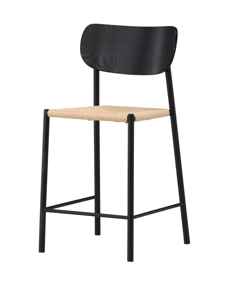 Polly Barhocker mit Lehne und Rattansitz in Beige, Gestell Schwarz, Ansicht 1