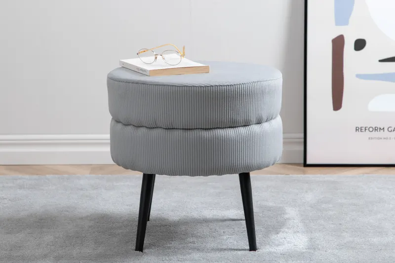 Pot runder Hocker mit Stahlbeinen in Grau, Gestell Schwarz, Polyester-Cord, im Wohnraum, Ansicht 1