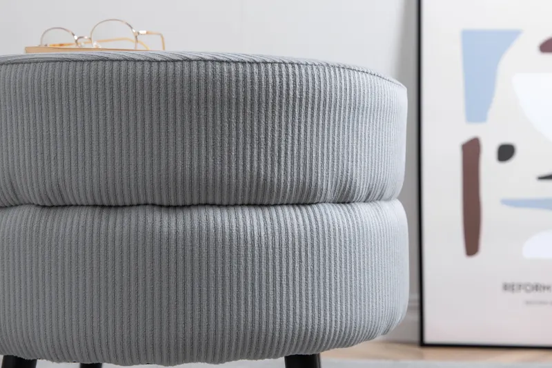 Pot runder Hocker mit Stahlbeinen in Grau, Gestell Schwarz, Polyester-Cord, im Wohnraum, Ansicht 4