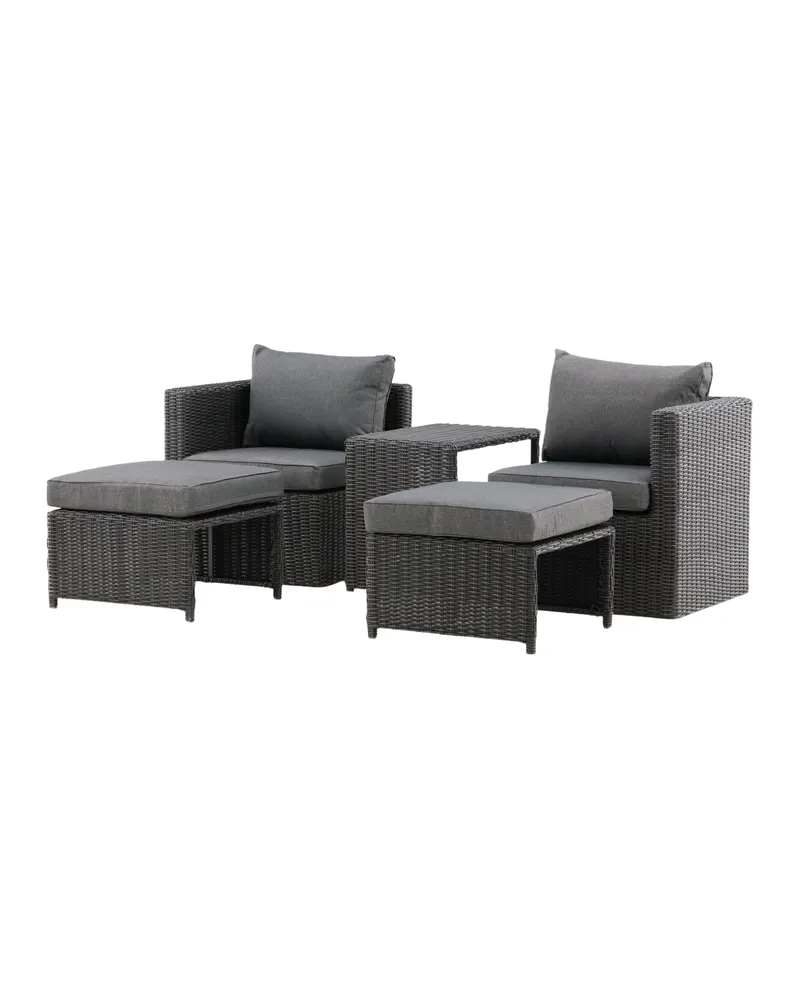 Quad Gartenlounge aus schwarzem Polyrattan mit zwei Fußhockern