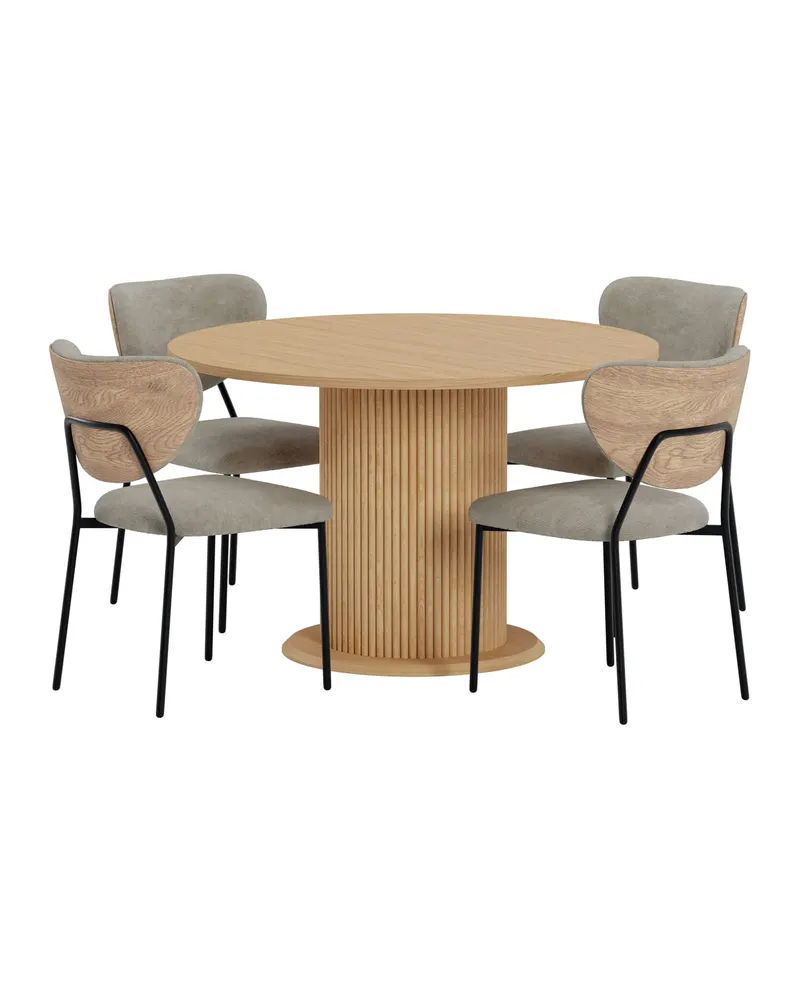 Reko & Butterfly runder Esstisch mit 4 Stühlen, gerillter Säulenfuß, Natur, Beige, Schwarz