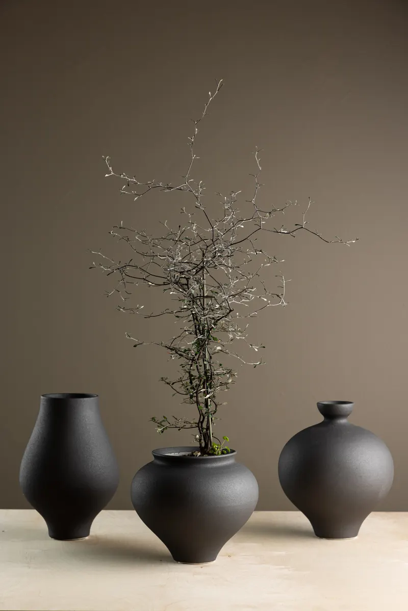 Rellis Vase aus Töpferware in Ø 18 cm, Schwarz, im Wohnraum, Ansicht 1