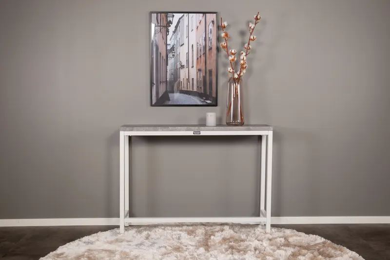 Rise schmaler Beistelltisch mit Stahlgestell in 110 × 30 cm, Grau, Gestell Weiß, im Wohnraum, Ansicht 2