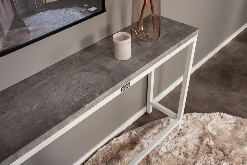 Rise schmaler Beistelltisch mit Stahlgestell in 110 × 30 cm, Grau, Gestell Weiß, im Wohnraum, Ansicht 3