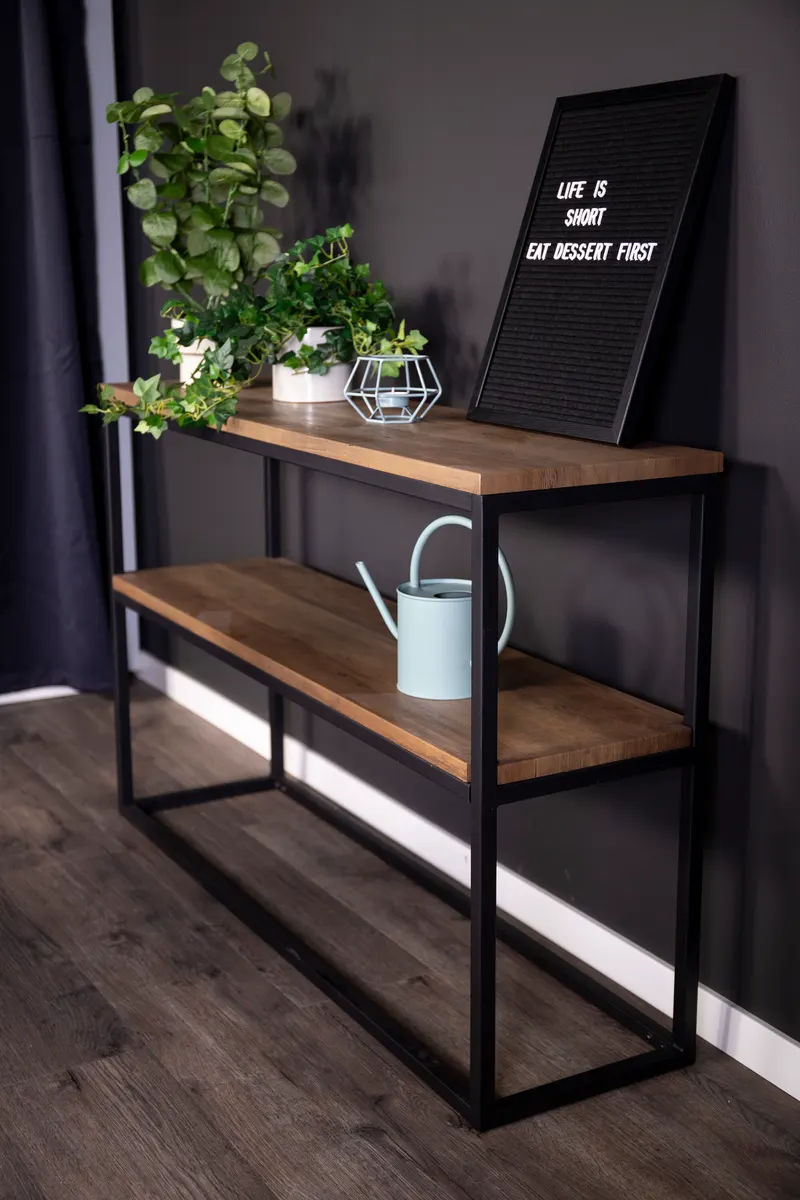 Rise schmaler Beistelltisch mit Stahlgestell in 110 × 30 cm, Walnuss, Gestell Schwarz, im Wohnraum, Ansicht 2