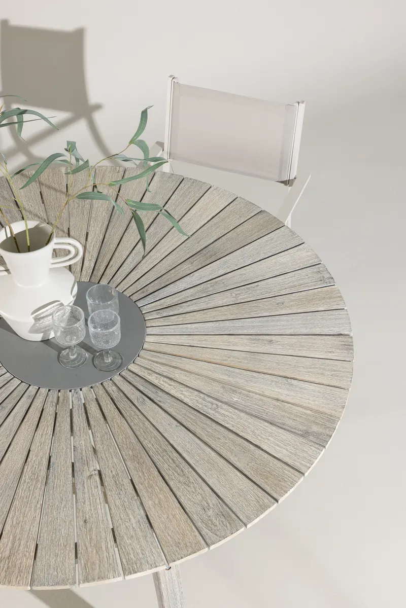 Rives runder Gartentisch aus Akazie mit Zementplatte, im Wohnraum, Ansicht 5