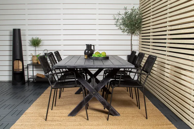 Rives & Lindos Gartenmöbel-Set mit Akazientisch und 6 Seilstühlen, im Wohnraum, Ansicht 1