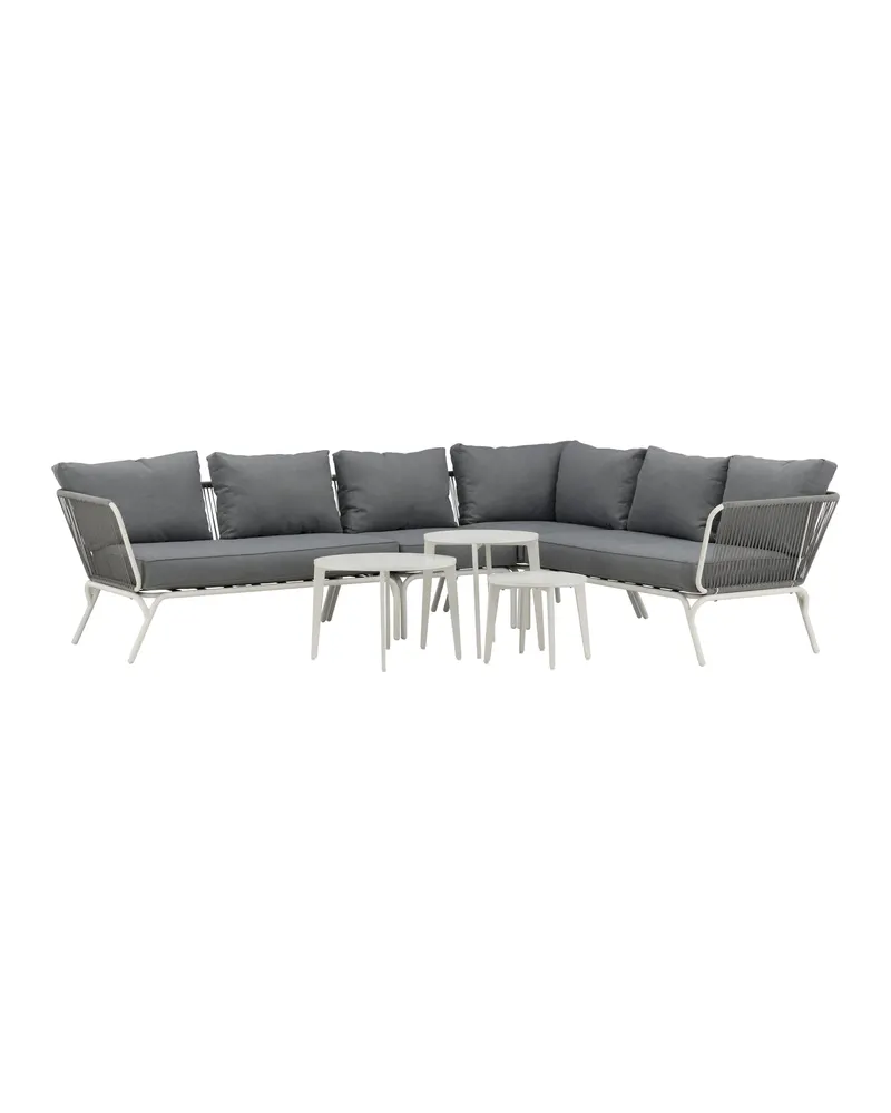 Roxo Gartenlounge mit weißem Ecksofa für 6 Personen und Satztischen, Weiß
