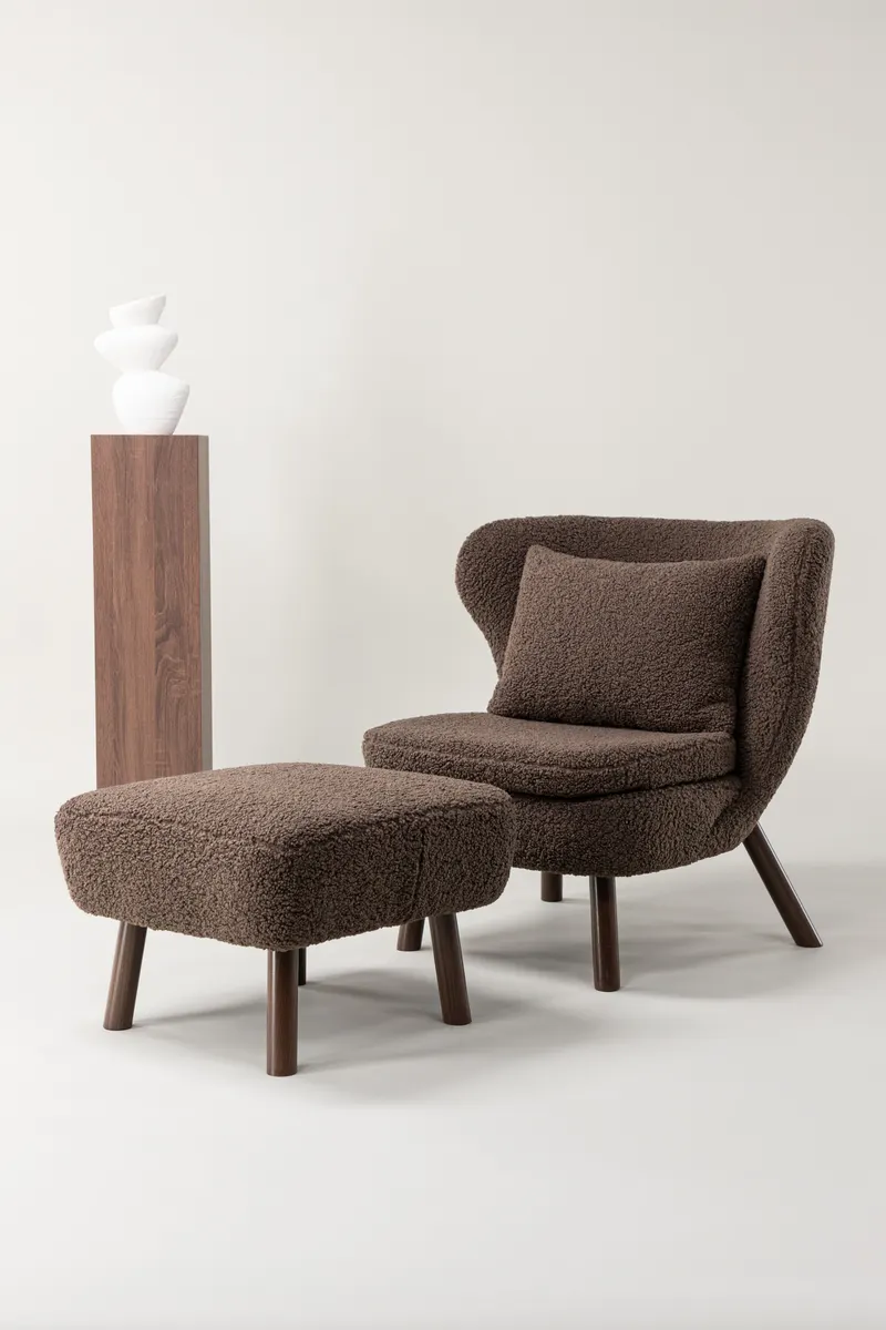 Ryxö Lesesessel mit Fußhocker in Braun, Polyester-Teddystoff, im Wohnraum, Ansicht 1
